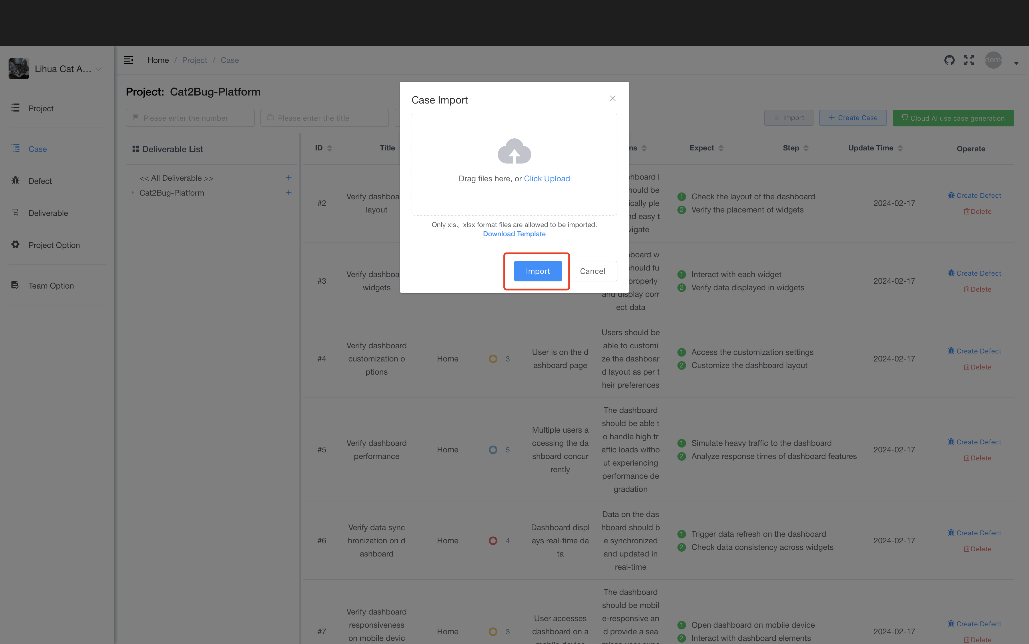 Import Test Cases